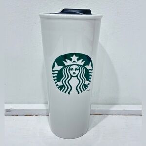 Starbucks Classic White and Green Traveler Tumbler Ceramic Coffee Travel 16‎ oz